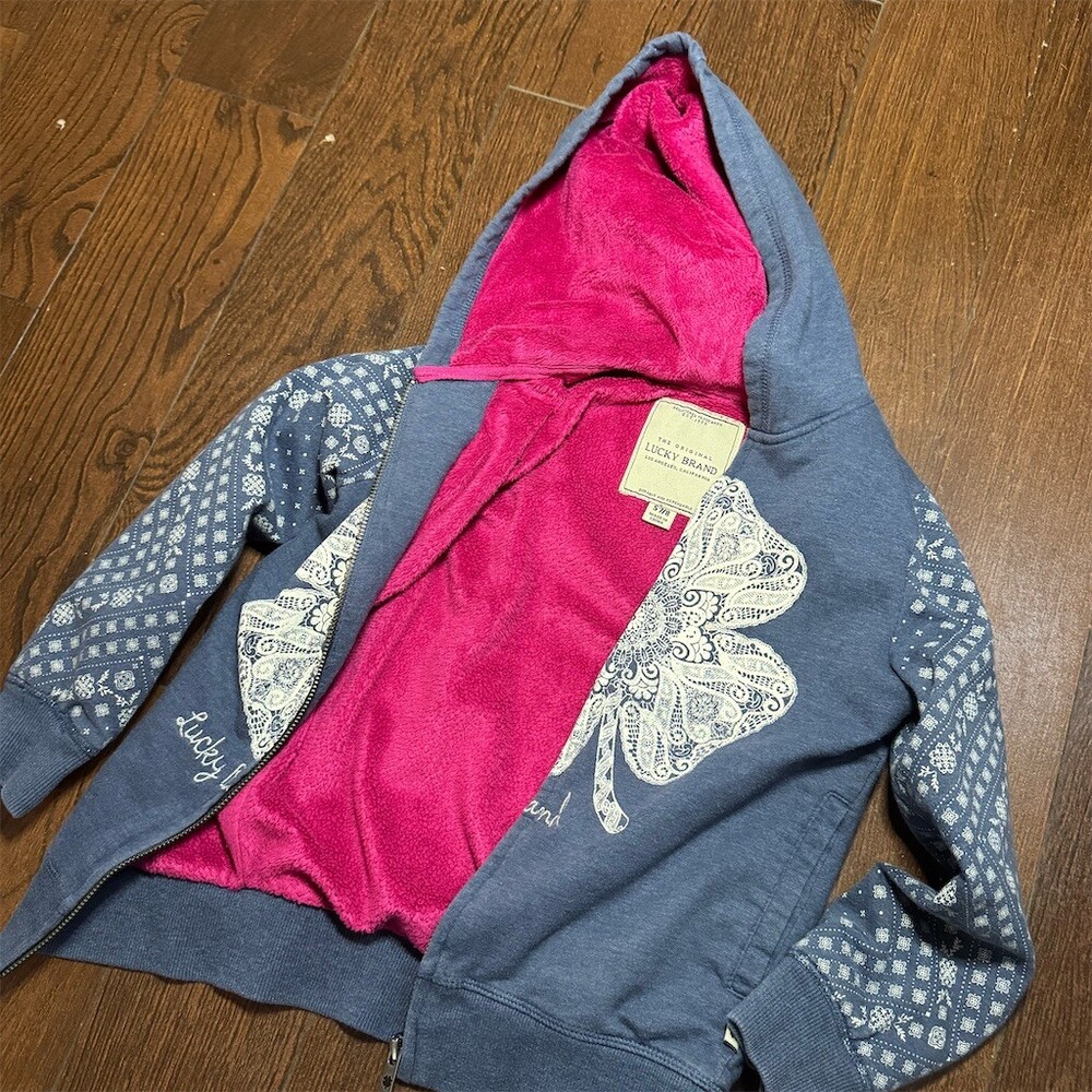 Lucky Brand Hoodie Girls Size S Blue Full Zip Fleece Lined Paisley